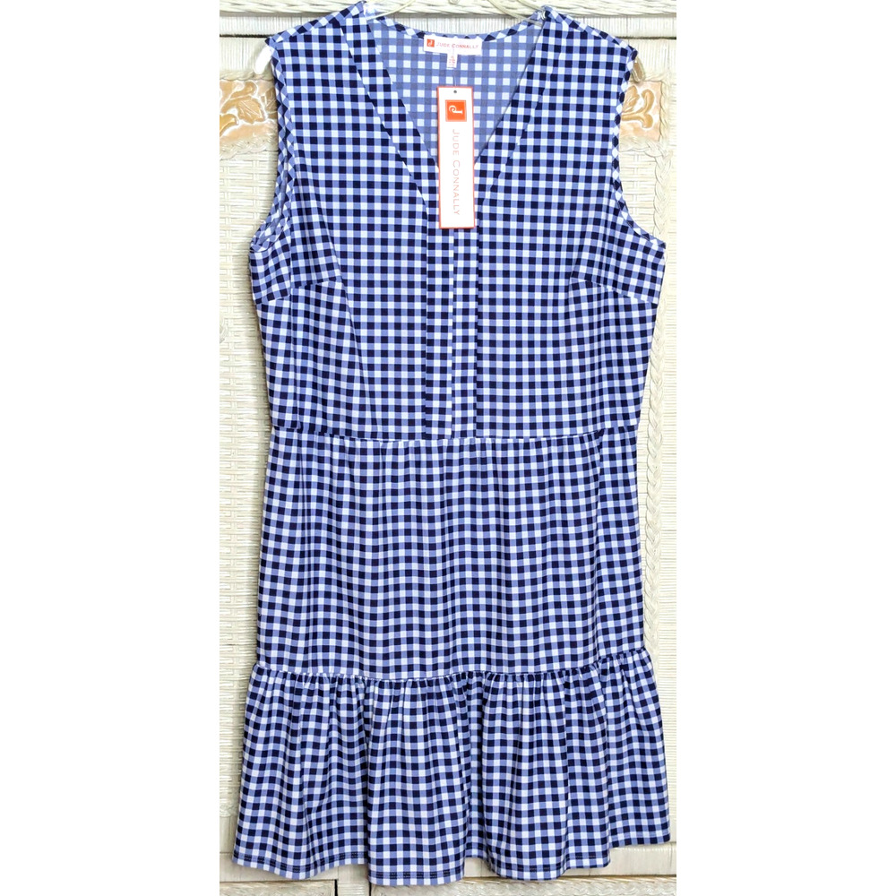 Jude Connally Dress Womens XL Blue Annabelle Gingham Tiered Sleeveless NEW
